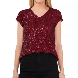 79$ Vince Camuto V-Neck Sequin Party Shirt Top Short Sleeves Size M Dark Wine